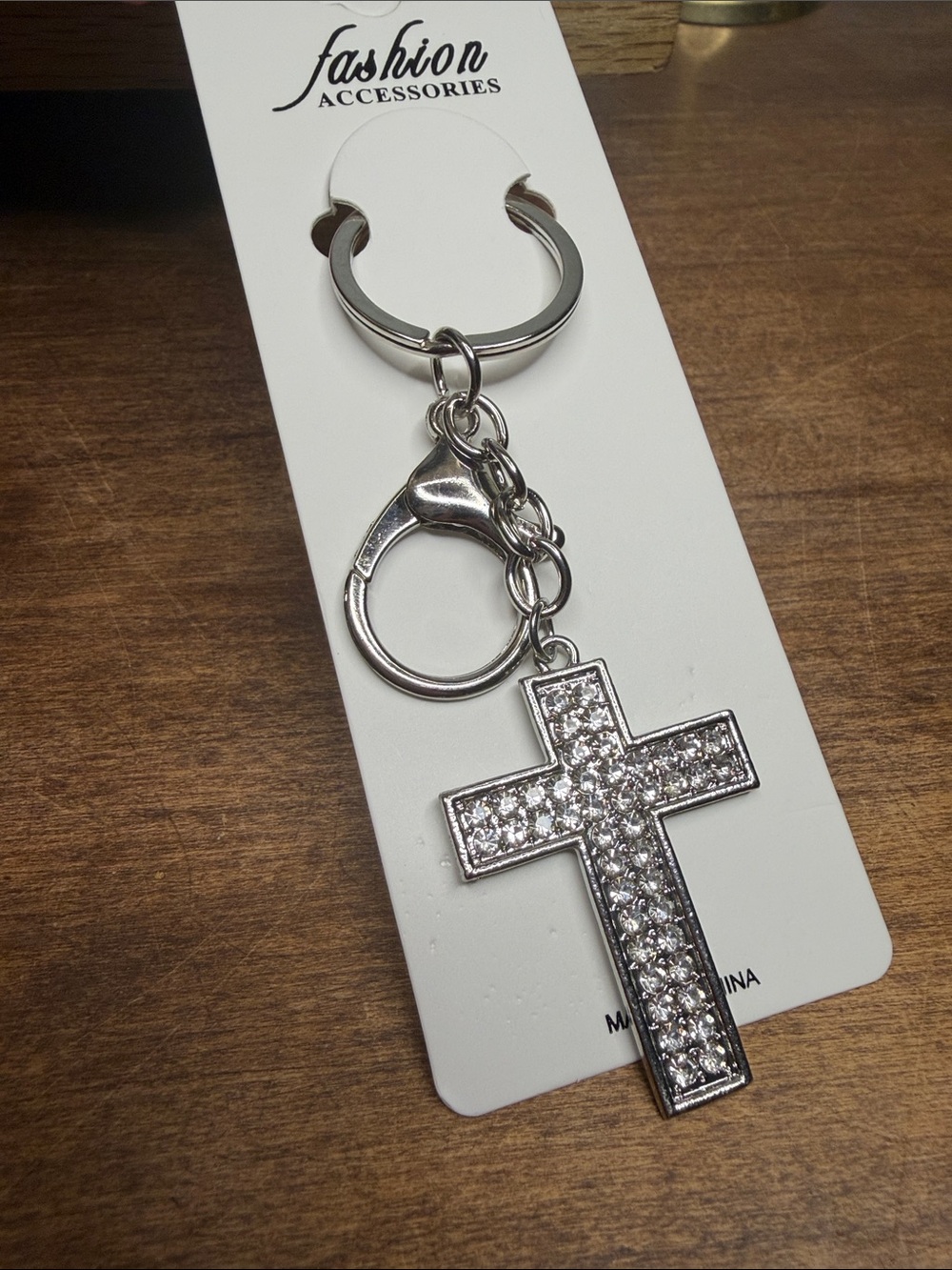 Rhinestone Cross Keychain Bag Charm - Silver